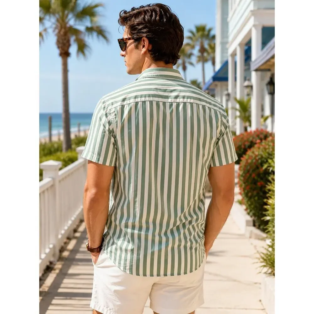 J.Crew Flex Washed Striped Shirt Green White Button Down Coastal Prep Resort M